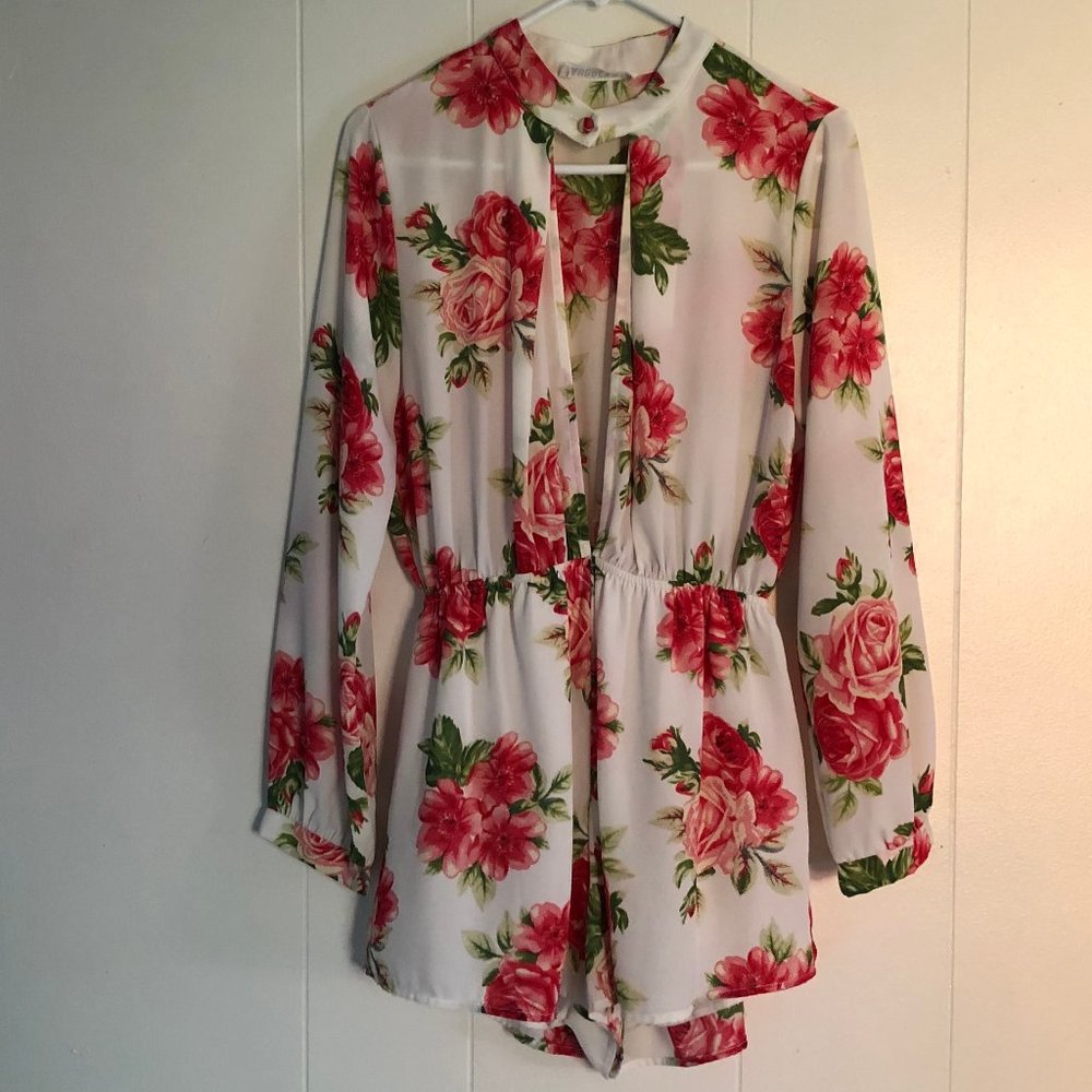 white, pink, red, rose, romper, plunge